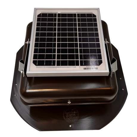 Solar ventilation fan, Solar Mega RoofBlaster for sheds and homes, front view, powder-coated brown, 5W solar panel (no background) | Solar Blaster brand