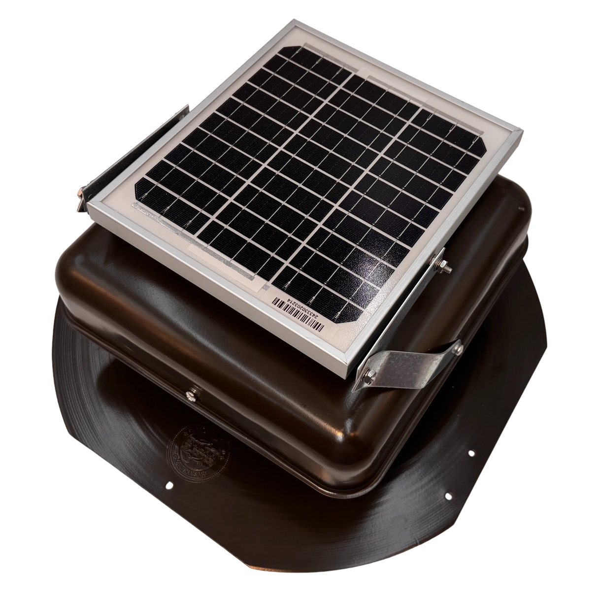 Solar ventilation fan, Solar Mega RoofBlaster for sheds and homes, left side view, powder-coated brown, 5W solar panel (no background) | Solar Blaster brand