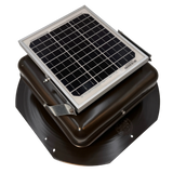 Solar ventilation fan, Solar Mega RoofBlaster for sheds and homes, right side view, powder-coated brown, 5W solar panel (no background) | Solar Blaster brand