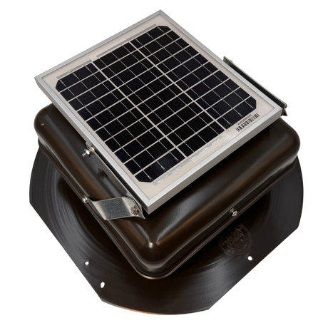Solar ventilation fan, Solar Mega RoofBlaster for sheds and homes, right side view, powder-coated brown, 5W solar panel (no background) | Solar Blaster brand