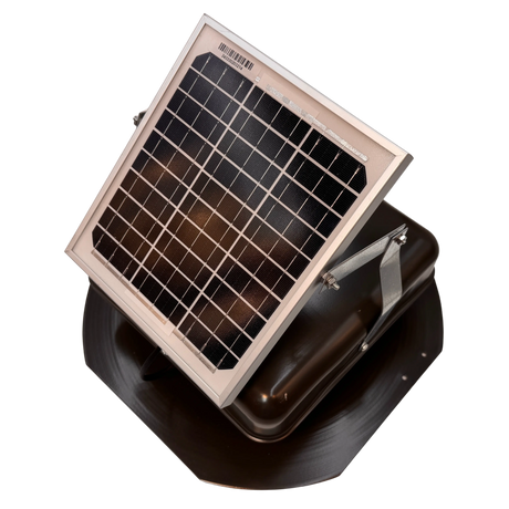 Solar ventilation fan, Solar Mega RoofBlaster for sheds and homes, left side view, powder-coated brown, 5W solar panel (no background) | Solar Blaster brand