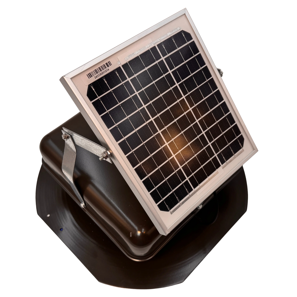 Solar ventilation fan, Solar Mega RoofBlaster for sheds and homes, right side view, powder-coated brown, 5W solar panel (no background) | Solar Blaster brand