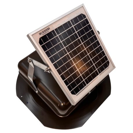 Solar ventilation fan, Solar Mega RoofBlaster for sheds and homes, right side view, powder-coated brown, 5W solar panel (no background) | Solar Blaster brand
