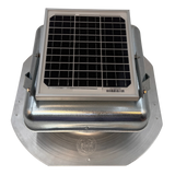 Solar ventilation fan, Solar Mega RoofBlaster for sheds and homes, front view, galvanized finish, 5W solar panel (no background) | Solar Blaster brand
