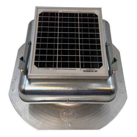 Solar ventilation fan, Solar Mega RoofBlaster for sheds and homes, front view, galvanized finish, 5W solar panel (no background) | Solar Blaster brand