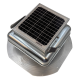 Solar ventilation fan, Solar Mega RoofBlaster for sheds and homes, left side view, galvanized finish, 5W solar panel (no background) | Solar Blaster brand