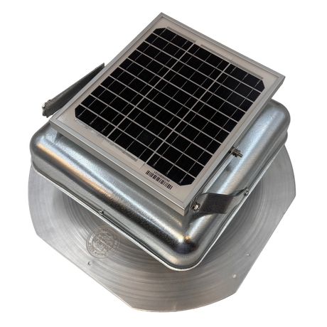 Solar ventilation fan, Solar Mega RoofBlaster for sheds and homes, left side view, galvanized finish, 5W solar panel (no background) | Solar Blaster brand