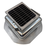Solar ventilation fan, Solar Mega RoofBlaster for sheds and homes, right side view, galvanized finish, 5W solar panel (no background) | Solar Blaster brand