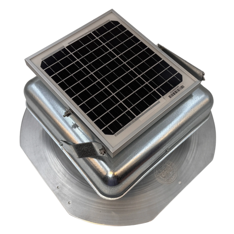 Solar ventilation fan, Solar Mega RoofBlaster for sheds and homes, right side view, galvanized finish, 5W solar panel (no background) | Solar Blaster brand