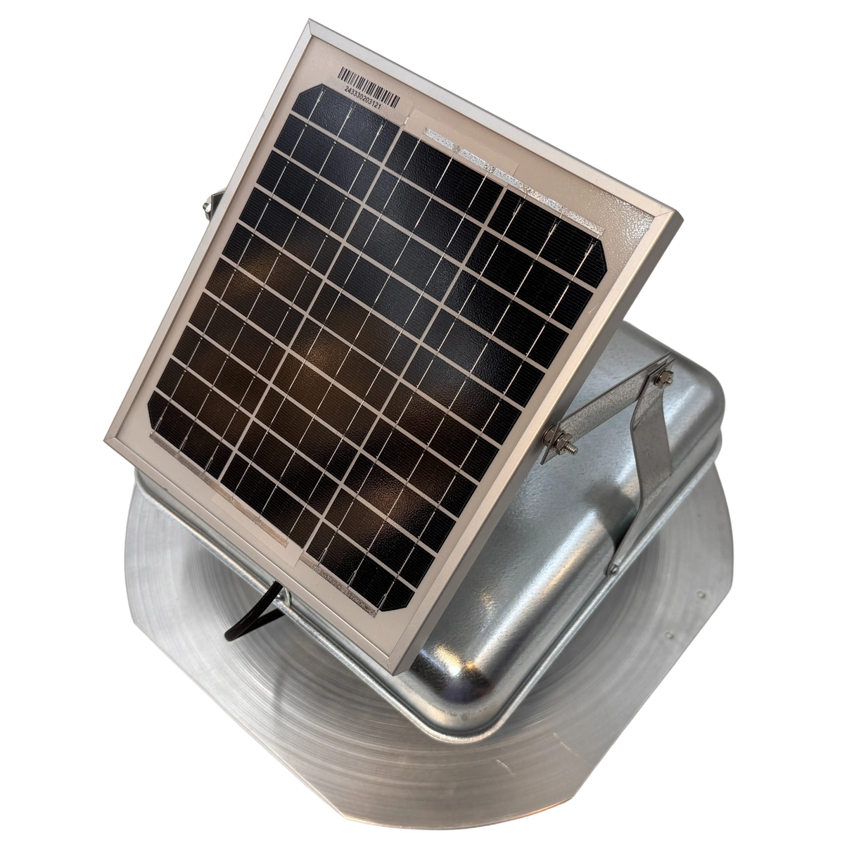 Solar ventilation fan, Solar Mega RoofBlaster for sheds and homes, left side view, galvanized finish, 5W solar panel (no background) | Solar Blaster brand