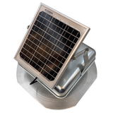 Solar ventilation fan, Solar Mega RoofBlaster for sheds and homes, left side view, galvanized finish, 5W solar panel (no background) | Solar Blaster brand