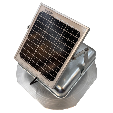 Solar ventilation fan, Solar Mega RoofBlaster for sheds and homes, left side view, galvanized finish, 5W solar panel (no background) | Solar Blaster brand