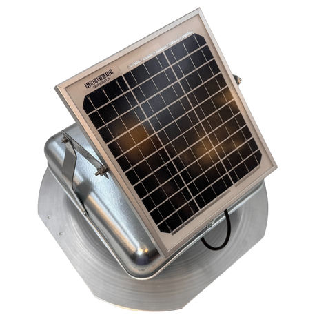 Solar ventilation fan, Solar Mega RoofBlaster for sheds and homes, right side view, galvanized finish, 5W solar panel (no background) | Solar Blaster brand
