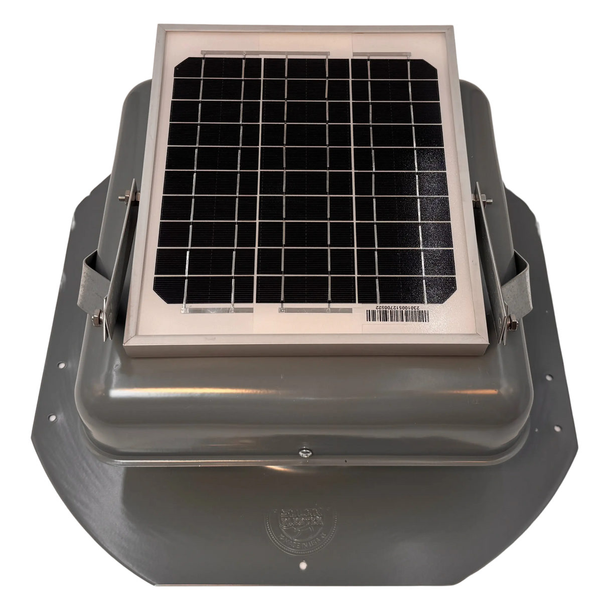 Solar ventilation fan, Solar Mega RoofBlaster for sheds and homes, front view, powder-coated gray, 5W solar panel (no background) | Solar Blaster brand