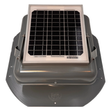 Solar ventilation fan, Solar Mega RoofBlaster for sheds and homes, front view, powder-coated gray, 5W solar panel (no background) | Solar Blaster brand