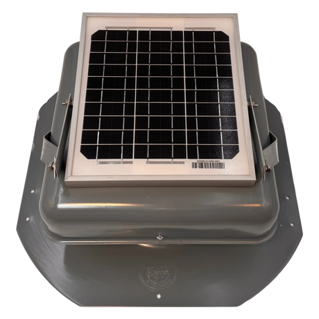 Solar ventilation fan, Solar Mega RoofBlaster for sheds and homes, front view, powder-coated gray, 5W solar panel (no background) | Solar Blaster brand