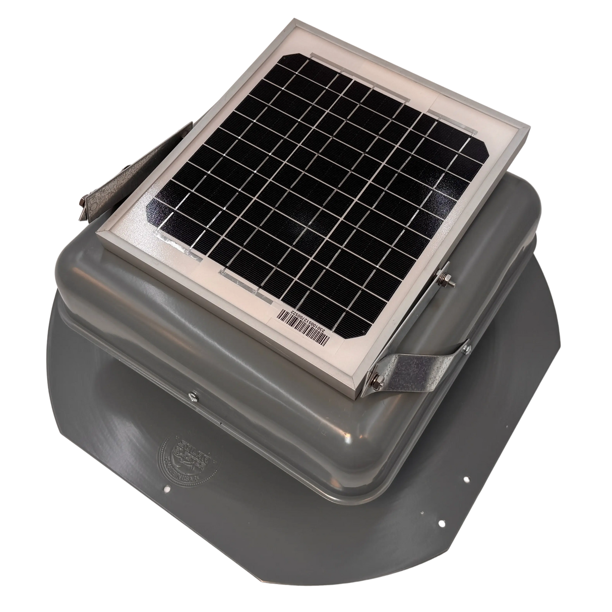 Solar ventilation fan, Solar Mega RoofBlaster for sheds and homes, left side view, powder-coated gray, 5W solar panel (no background) | Solar Blaster brand