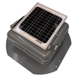 Solar ventilation fan, Solar Mega RoofBlaster for sheds and homes, left side view, powder-coated gray, 5W solar panel (no background) | Solar Blaster brand