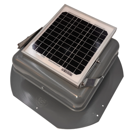 Solar ventilation fan, Solar Mega RoofBlaster for sheds and homes, left side view, powder-coated gray, 5W solar panel (no background) | Solar Blaster brand