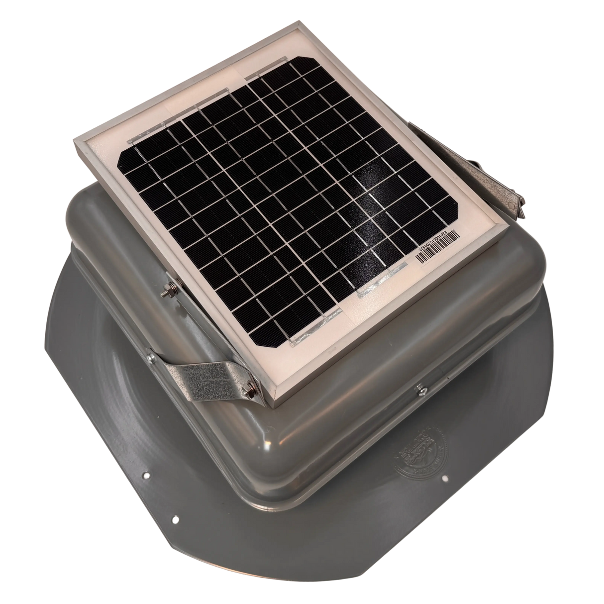 Solar ventilation fan, Solar Mega RoofBlaster for sheds and homes, right side view, powder-coated gray, 5W solar panel (no background) | Solar Blaster brand