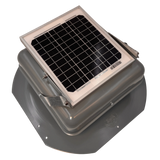 Solar ventilation fan, Solar Mega RoofBlaster for sheds and homes, right side view, powder-coated gray, 5W solar panel (no background) | Solar Blaster brand