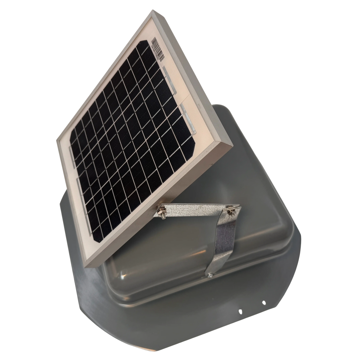 Solar ventilation fan, Solar Mega RoofBlaster for sheds and homes, left side view, powder-coated gray, 5W solar panel (no background) | Solar Blaster brand