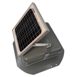 Solar ventilation fan, Solar Mega RoofBlaster for sheds and homes, left side view, powder-coated gray, 5W solar panel (no background) | Solar Blaster brand