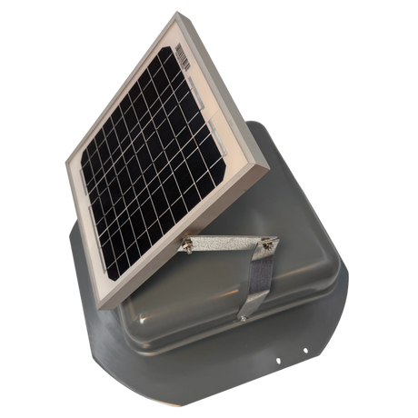 Solar ventilation fan, Solar Mega RoofBlaster for sheds and homes, left side view, powder-coated gray, 5W solar panel (no background) | Solar Blaster brand