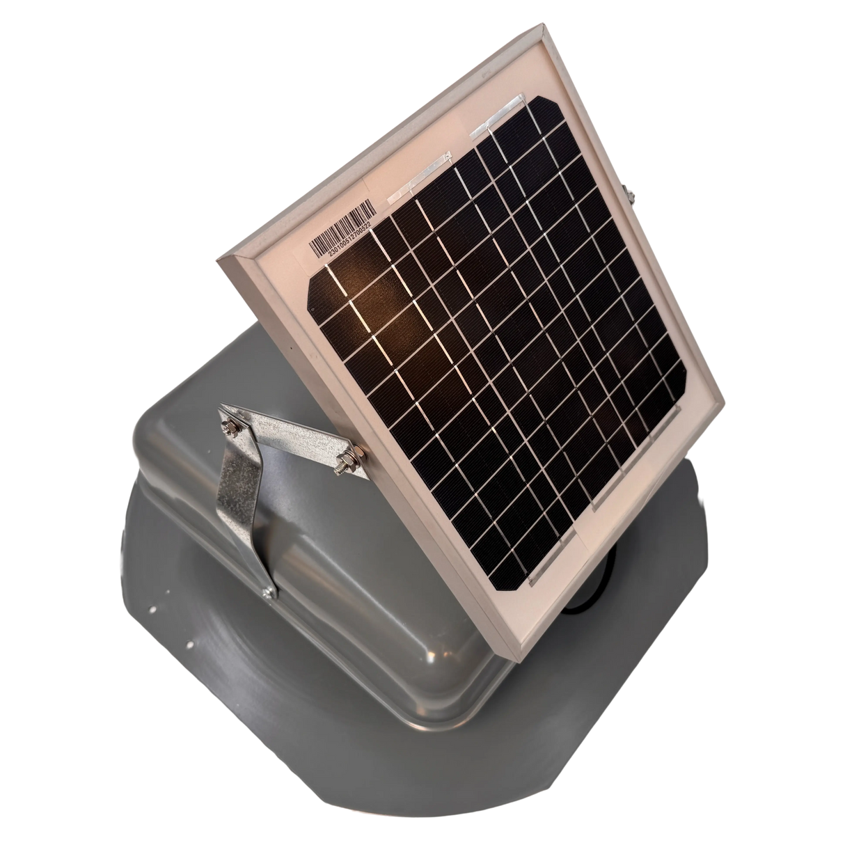 Solar ventilation fan, Solar Mega RoofBlaster for sheds and homes, right side view, powder-coated gray, 5W solar panel (no background) | Solar Blaster brand