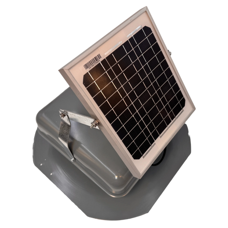 Solar ventilation fan, Solar Mega RoofBlaster for sheds and homes, right side view, powder-coated gray, 5W solar panel (no background) | Solar Blaster brand