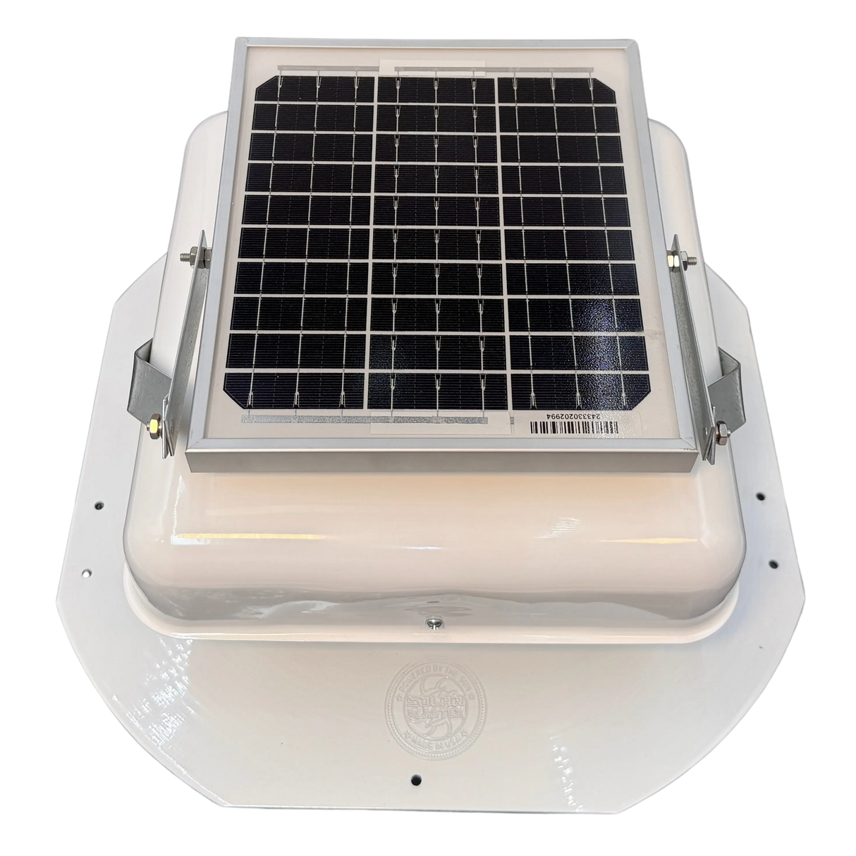 Solar ventilation fan, Solar Mega RoofBlaster for sheds and homes, front view, powder-coated white, 5W solar panel (no background) | Solar Blaster brand