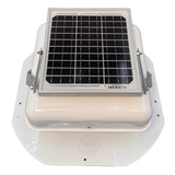 Solar ventilation fan, Solar Mega RoofBlaster for sheds and homes, front view, powder-coated white, 5W solar panel (no background) | Solar Blaster brand