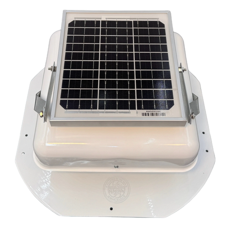 Solar ventilation fan, Solar Mega RoofBlaster for sheds and homes, front view, powder-coated white, 5W solar panel (no background) | Solar Blaster brand