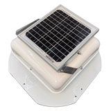 Solar ventilation fan, Solar Mega RoofBlaster for sheds and homes, left side view, powder-coated white, 5W solar panel (no background) | Solar Blaster brand