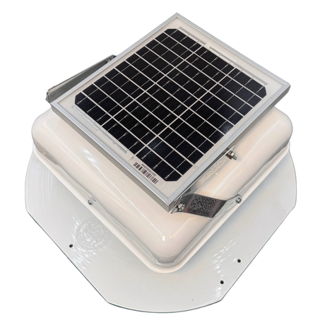Solar ventilation fan, Solar Mega RoofBlaster for sheds and homes, left side view, powder-coated white, 5W solar panel (no background) | Solar Blaster brand