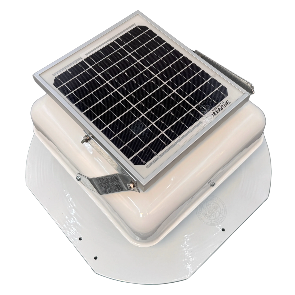 Solar ventilation fan, Solar Mega RoofBlaster for sheds and homes, right side view, powder-coated white, 5W solar panel (no background) | Solar Blaster brand