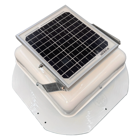 Solar ventilation fan, Solar Mega RoofBlaster for sheds and homes, right side view, powder-coated white, 5W solar panel (no background) | Solar Blaster brand