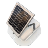 Solar ventilation fan, Solar Mega RoofBlaster for sheds and homes, left side view, powder-coated white, 5W solar panel (no background) | Solar Blaster brand