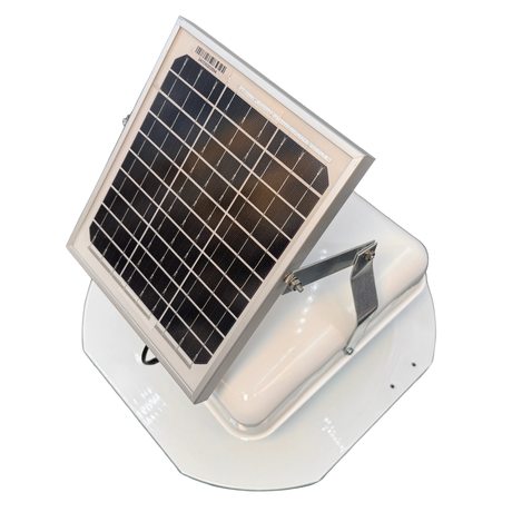 Solar ventilation fan, Solar Mega RoofBlaster for sheds and homes, left side view, powder-coated white, 5W solar panel (no background) | Solar Blaster brand