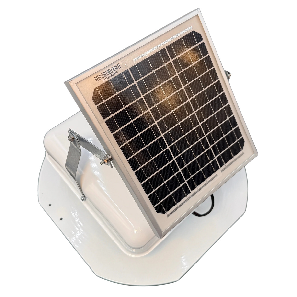 Solar ventilation fan, Solar Mega RoofBlaster for sheds and homes, right side view, powder-coated white, 5W solar panel (no background) | Solar Blaster brand