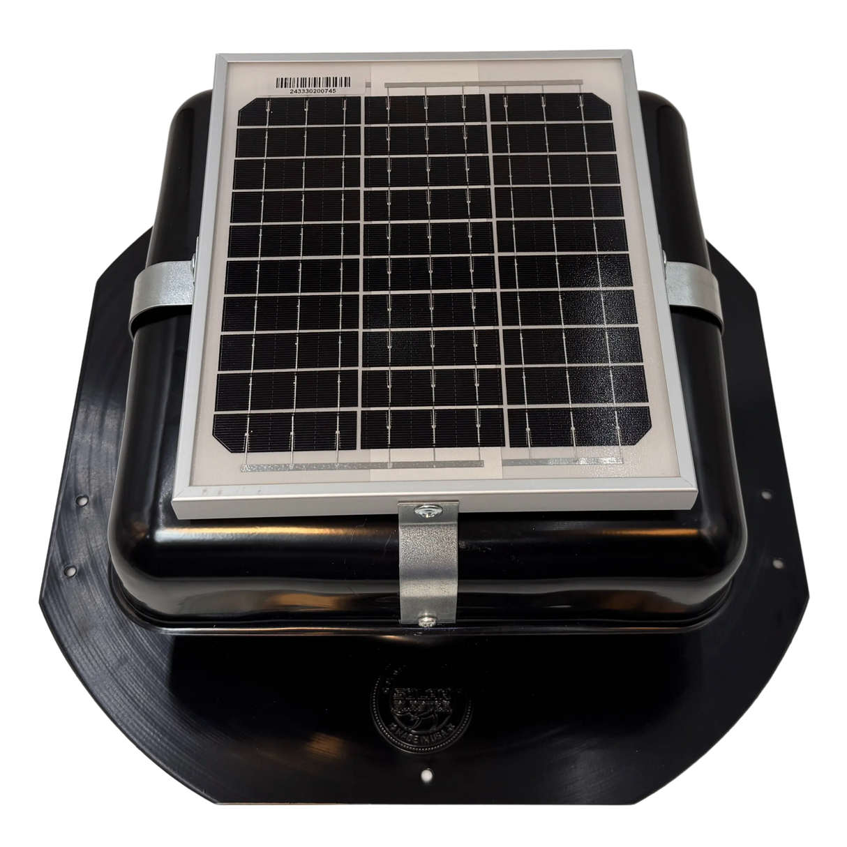 Solar ventilation fan, Solar Mega RoofBlaster for sheds and homes, front view, powder-coated black, 5W solar panel (no background) | Solar Blaster brand