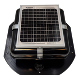Solar ventilation fan, Solar Mega RoofBlaster for sheds and homes, front view, powder-coated black, 5W solar panel (no background) | Solar Blaster brand