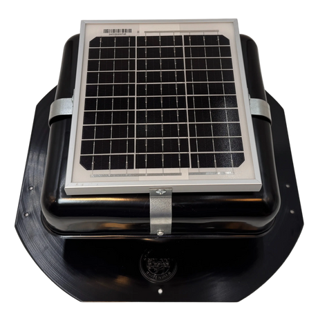 Solar ventilation fan, Solar Mega RoofBlaster for sheds and homes, front view, powder-coated black, 5W solar panel (no background) | Solar Blaster brand