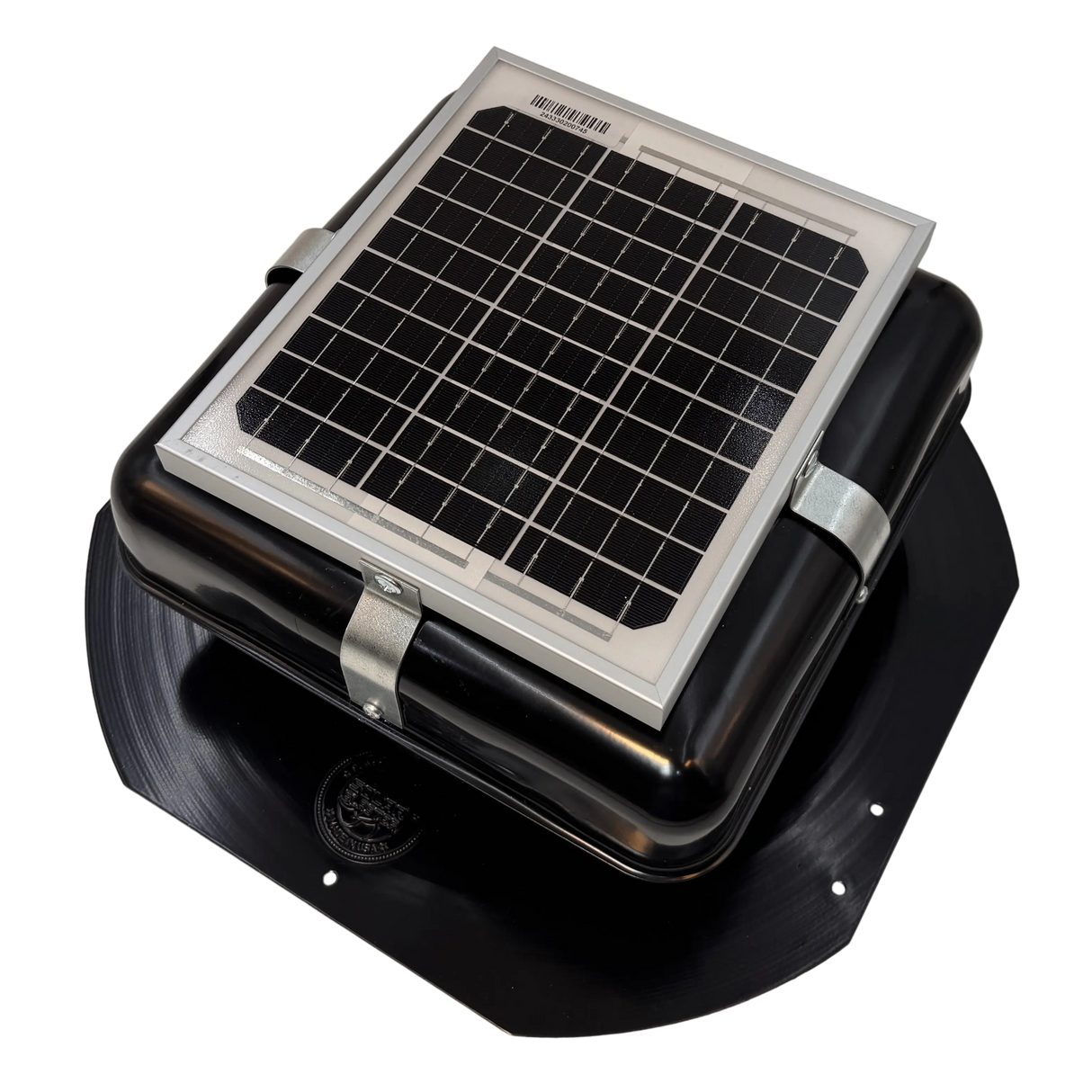 Solar ventilation fan, Solar Mega RoofBlaster for sheds and homes, left side view, powder-coated black, 5W solar panel (no background) | Solar Blaster brand