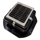 Solar ventilation fan, Solar Mega RoofBlaster for sheds and homes, left side view, powder-coated black, 5W solar panel (no background) | Solar Blaster brand