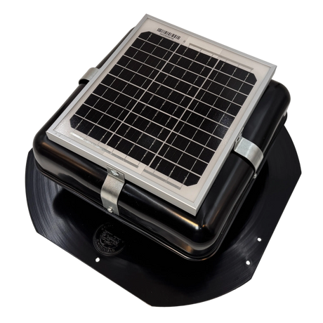 Solar ventilation fan, Solar Mega RoofBlaster for sheds and homes, left side view, powder-coated black, 5W solar panel (no background) | Solar Blaster brand
