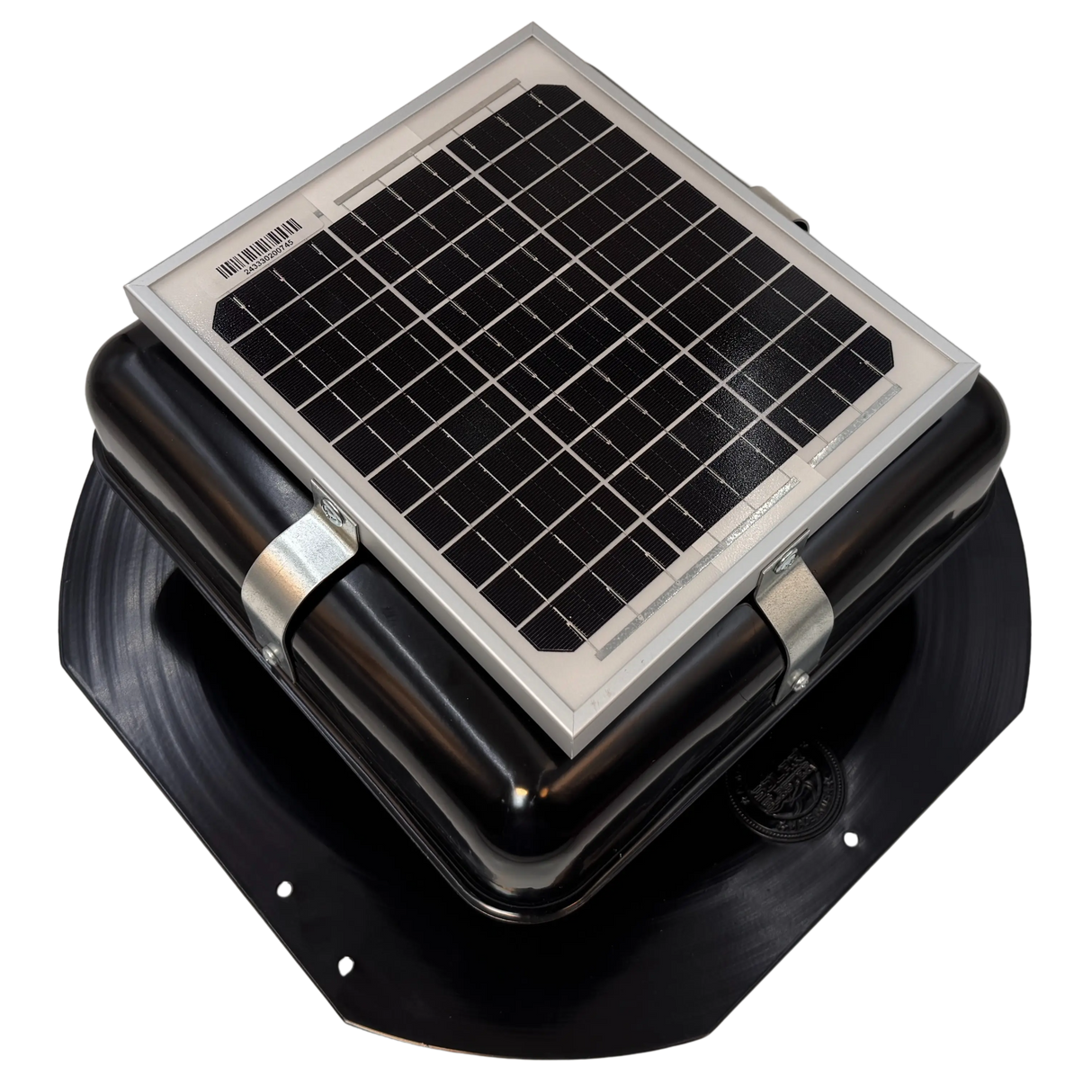 Solar ventilation fan, Solar Mega RoofBlaster for sheds and homes, right side view, powder-coated black, 5W solar panel (no background) | Solar Blaster brand
