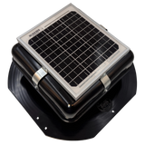 Solar ventilation fan, Solar Mega RoofBlaster for sheds and homes, right side view, powder-coated black, 5W solar panel (no background) | Solar Blaster brand