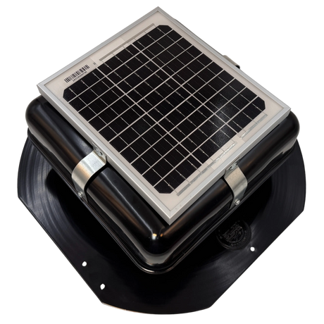 Solar ventilation fan, Solar Mega RoofBlaster for sheds and homes, right side view, powder-coated black, 5W solar panel (no background) | Solar Blaster brand