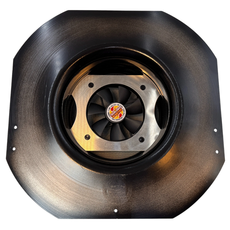 Solar ventilation fan, Solar Mega RoofBlaster for sheds and homes, bottom view, powder-coated black, 5W solar panel (no background) | Solar Blaster brand